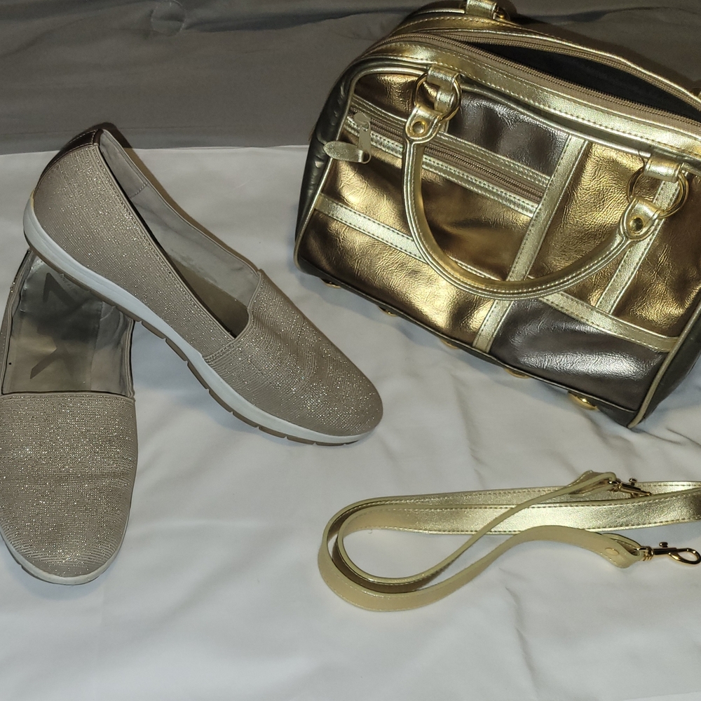 Anne Klein Women's Gold Slip-on Shoes & Gold/bronze Color Block Handbag